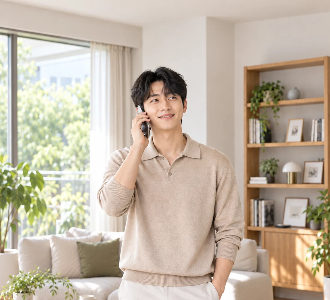 휴대전화로 문자 상담을 하며 미소 짓는 고객